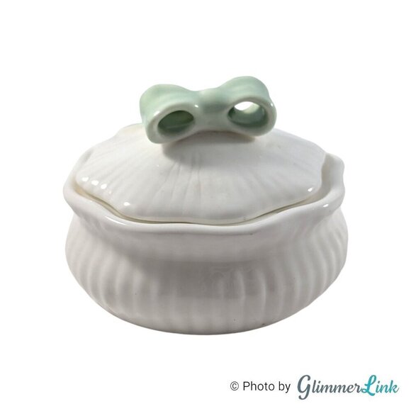 Delicate Green Bow Lidded Round Fine Bone China Trinket Box - Picture 3 of 11
